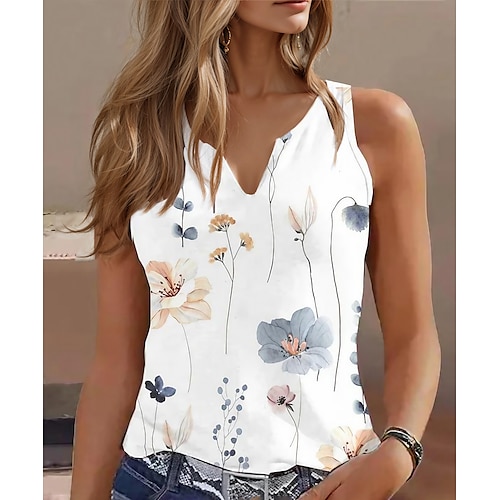 

Women's Tank Top Floral Casual Holiday Print White Sleeveless Basic V Neck