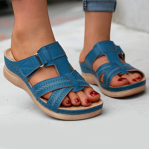 

Women's Sandals Slippers Wedge Heels Plus Size Outdoor Slippers Daily Beach Walking Solid Color Summer Flat Heel Open Toe Casual Minimalism Faux Leather Loafer Dark Red Red Navy Blue