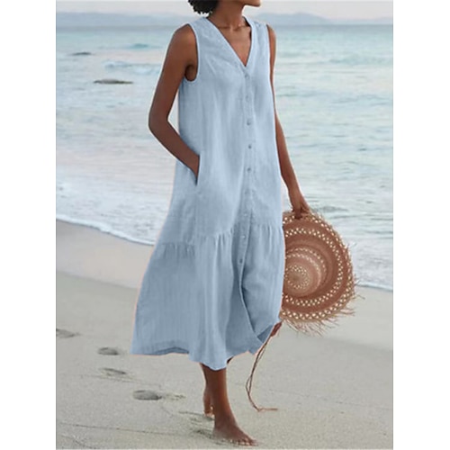 

Women's Cotton Linen Dress Sundress Midi Dress Button Pocket Casual Vacation Beach V Neck Sleeveless Summer Spring White Pink Plain