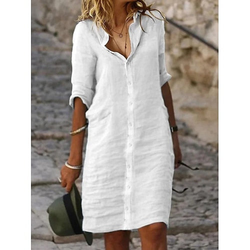 

Women's White Dress Shirt Dress Casual Dress Mini Dress Button Basic Daily Shirt Collar 3/4 Length Sleeve Summer Spring Black White Plain