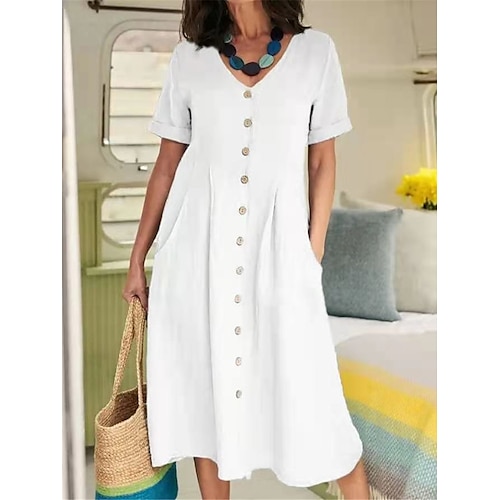 

Women's White Dress Casual Dress Cotton Linen Dress Midi Dress Button Pocket Basic Daily V Neck Short Sleeve Summer Spring ArmyGreen Black Plain