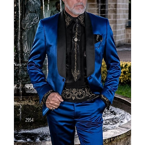 Men's Wedding Party Evening Wear Suits Shawl Collar Royal Blue Purple Luxury Solid Colored Tailored Fit 2 Piece Single Breasted One-button