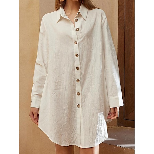 Damen blusenkleid Minikleid Bettwäsche aus Baumwolle Knopf hoch Taste Basic Täglich Hemdkragen Halbe Ärmel Sommer Frühling Weiß