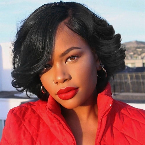 Short Curly Bob Wigs Loose Wave Side Part Wig for Black Women Short Body Wave Bob Synthetic Wig
