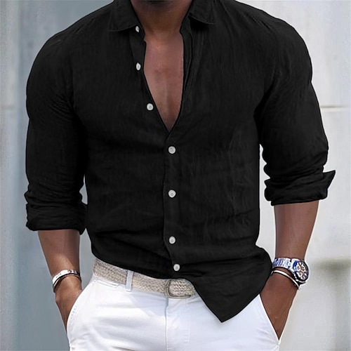  Per uomo Camicia camicia di lino Camicia in lino e cotone Camicia in cotone bianco Camicia estiva Camicia da spiaggia Liscio Hawaiano Per eventi Nero Bianco Rosa Blu Manica lunga Collo ripiegabile