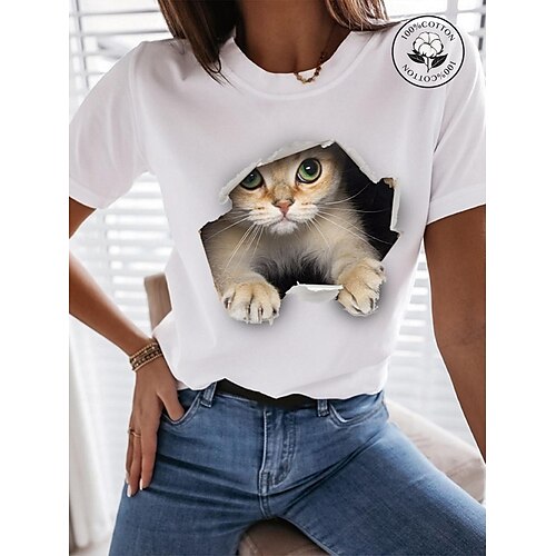 女性用 Tシャツ 面白いTシャツ ブラック ホワイト グラフィック 猫 プリント 半袖 カジュアル 日常 ベーシック ラウンドネック レギュラー コットン１００％ 3D猫 S