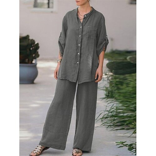Femmes Basique Chemise Ensembles deux pièces Ensembles de Pantalons Jambe large Pantalons manche longue Col de chemise Uni Tenue quotidienne Décontracté Quotidien bleu marine Orange Marron Printemps