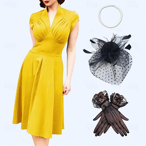 Set with Retro Vintage 1950s Dress A-Line Dress Swing Dress Headpiece Party  Costume Fascinator Hat Hat Gloves2 PCS Women Masquerade Event / Party Date  Vacation 2026 - GBP 32