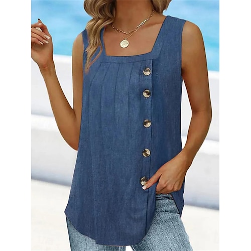  Women's Camisole Tank Top Sleeveless Round Neck Asymmetrical Button Side Solid Color Casual Summer Top Regular Fit Charcoal Green