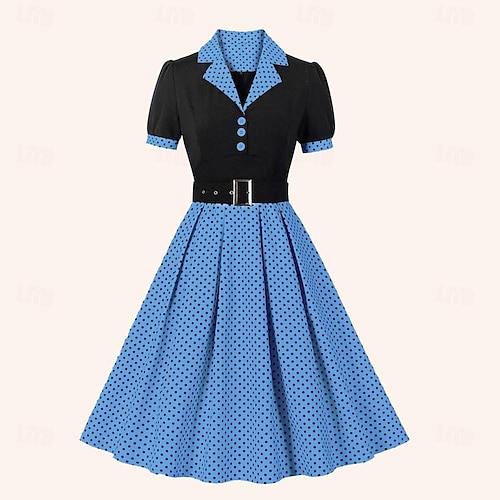 1950s blue polka dot dress Crew Neck Polka Dot 1950s Dress with Short Sleeves – FancyVestido main image 0