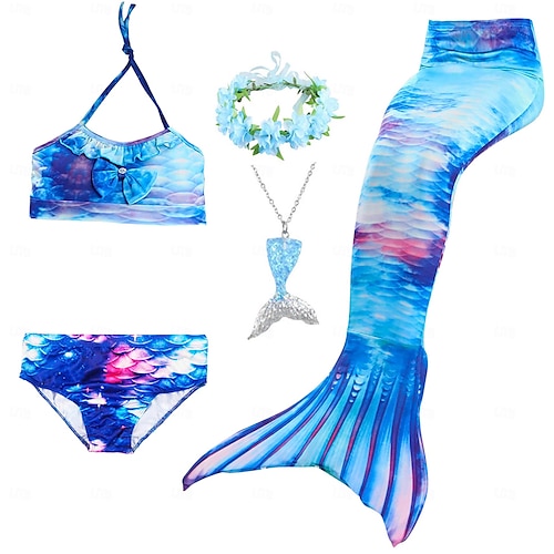  Gyerekek Lány Öt darab Mermaid fürdőruha Fürdőruha Bikini Úszás Szivárvány aranyos stílus Szexi Nyomtatott Fürdőruhák 3-10 év Nyár Világoskék Vörös arany