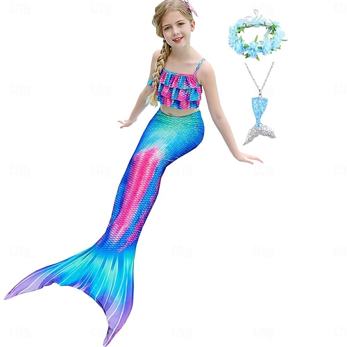  Gyerekek Lány Öt darab Mermaid fürdőruha Fürdőruha Bikini Úszás Szivárvány aranyos stílus Szexi Nyomtatott Fürdőruhák 3-10 év Nyár Világoskék Vörös arany
