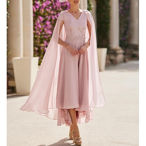 A-ligne robes de cocktail roses robe élégante mariage invité fiançailles longueur cheville manches longues col en V capes en mousseline de soie avec appliques 2024