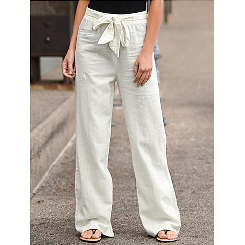 Femmes Jambe large Pantalon en coton et lin Pantalons Streetwear Occasionnel Long Taille haute Uni Avec Poches Coupe haute Respirabilité Doux Micro-Élastique Vacances Rue Tenue quotidienne Noir