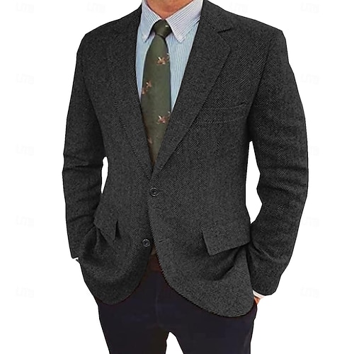  Herren Tweed Fischgrät Blazer Retro Vintage Jacke Winter Regular Übergröße Einreihig Zwei Knöpfe Braun Schwarz Blau