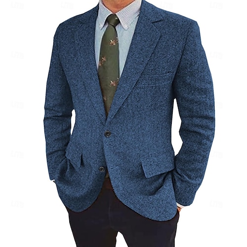  Herren Tweed Fischgrät Blazer Retro Vintage Jacke Winter Regular Übergröße Einreihig Zwei Knöpfe Braun Schwarz Blau