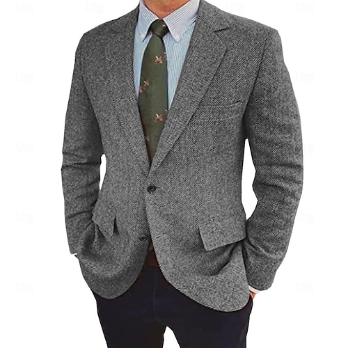  Herren Tweed Fischgrät Blazer Retro Vintage Jacke Winter Regular Übergröße Einreihig Zwei Knöpfe Braun Schwarz Blau