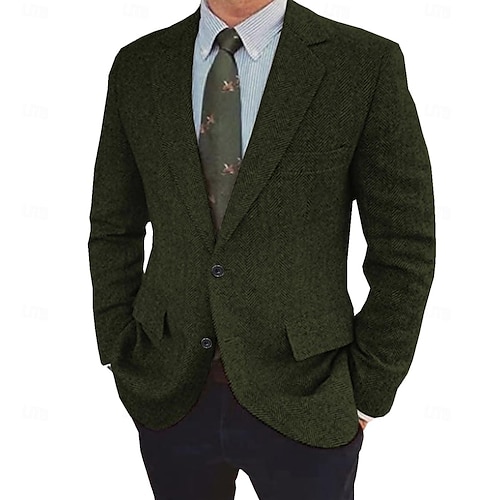  Herren Tweed Fischgrät Blazer Retro Vintage Jacke Winter Regular Übergröße Einreihig Zwei Knöpfe Braun Schwarz Blau