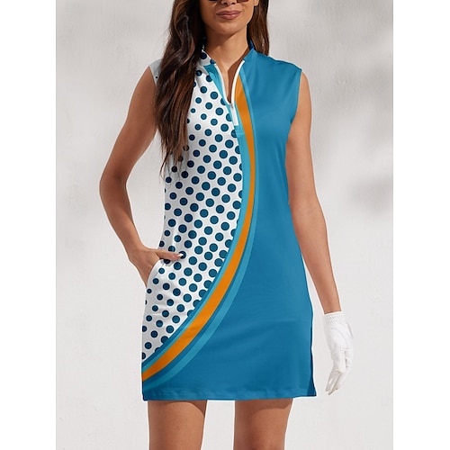  Dam golfklänning Blå Ärmlös Solskydd Tennis outfit Prickig Golfkläder för damer Kläder Outfits Bär kläder