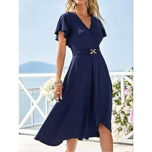 Dame Elegant kjole Midikjole Chiffon Flettet Drapering Fest Bryllupsgjest Cocktailfest Elegant Crew-hals Ermeløs Mørkeblå Farge