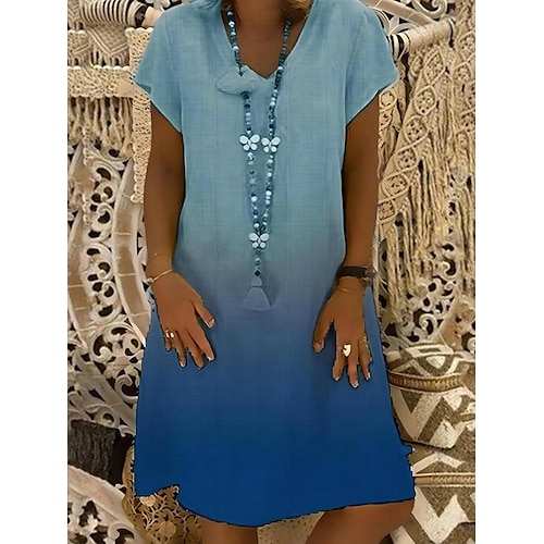 Femmes Robe Midi Robes en coton et lin Robe Décontractée Robe T-Shirt Robe d'été en coton Occasionnel Vacances Quotidien Coupe régulière A Ombre Manche Courte Col en V Noir Jaune Rouge bleu marine Été
