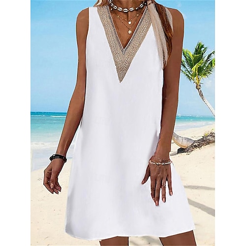 robe blanche Robe d'été Robe d'été Femme Mini robe Dentelle Patchwork Vacances Décontractées Col V Sans Manches Standard Blanche Jaune Bleu S M L XL 2XL