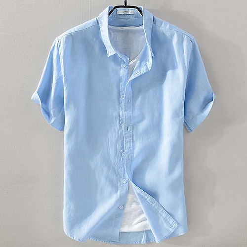  Men's Shirt Linen Shirt Casual Shirt Cotton Shirt Plain Vacation Street White Sky Blue Army Green Dark Blue Short Sleeve Turndown Summer Clothing Apparel Button-Down