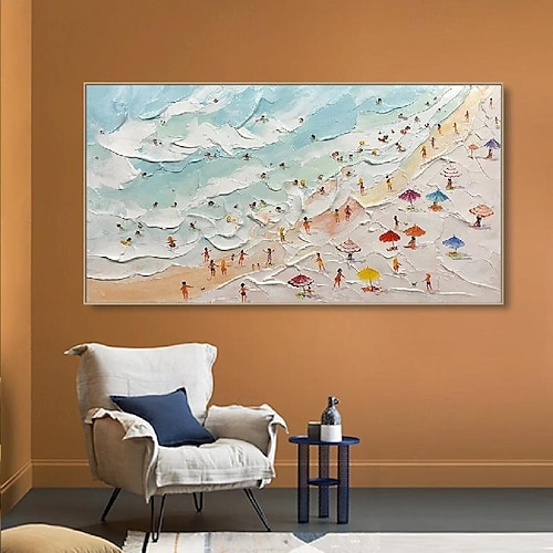  dipinto a mano happy coast pittura nuoto pittura pittura personalizzata texture onda spiaggia pittura a olio arte della parete regalo personalizzato arte estate arte costale folle sulla riva pittura