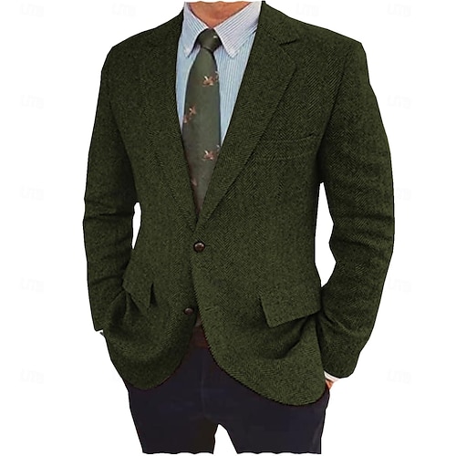  Herren Tweed Fischgrät Blazer Retro Vintage Jacke Winter Regular Übergröße Einreihig Zwei Knöpfe Braun Schwarz Blau