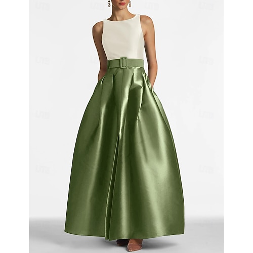 A-Linie Abendkleid Hoher Schlitz Kleid Strandhochzeit Formale Hochzeitsgast Bodenlang Ärmellos Juwel-Ausschnitt Gürtel  Schärpe Satin mit Falten Schlitz