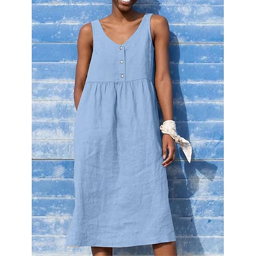 Femmes Noir Jaune Vert Claire Été Printemps Robe Midi Robes en coton et lin Robe débardeur Robe d'été en coton Occasionnel Vacances Quotidien Coupe Ample Uni Col en V
