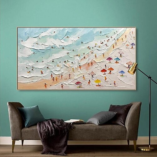  dipinto a mano happy coast pittura nuoto pittura pittura personalizzata texture onda spiaggia pittura a olio arte della parete regalo personalizzato arte estate arte costale folle sulla riva pittura