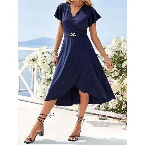  Dame Elegant kjole Midikjole Chiffon Flettet Drapering Fest Bryllupsgjest Cocktailfest Elegant Crew-hals Ermeløs Mørkeblå Farge
