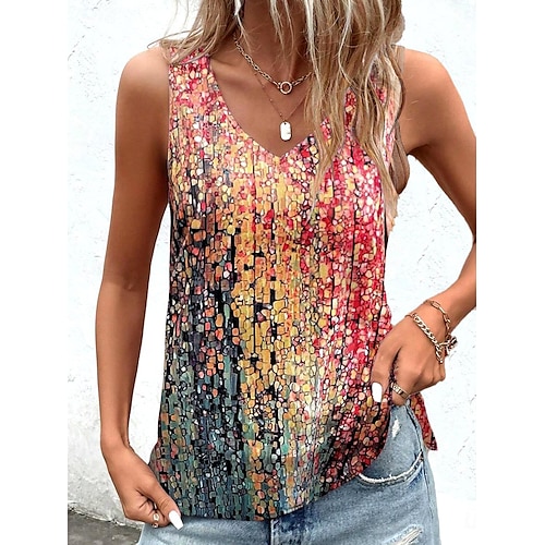 Top Canotta da Donna Mosaico Stampa Vetrata Colorata Senza Maniche Collo a V Estate Casual Spiaggia Multicolore Rosso Blu Verde Leggero Vestito Abbigliamento