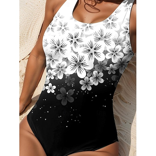  Kvinnors baddräkter Enkeldelad Magekontroll Baddräkter Blommig Gradient Scoop Hals Ärmlös Stretch Strandkläder Svart Vit Elegant Snabbtorkande Baddräkter