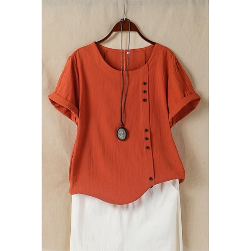  Camicia da donna patchwork casual quotidiana weekend a tinta unita casual in lino a maniche corte colletto rotondo bianca estate primavera