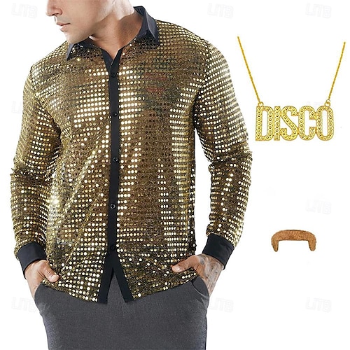 disco glänsande skjortor för män med tillbehör set retro vintage 1970-talet 70-tal cosplay halloween performance fest skjorta för scen