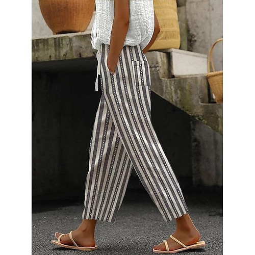 Femmes Pantalon en coton et lin Pantalons Décontracté Quotidien Longueur cheville Graphique Rayé Cordon de serrage Poches Latérales Respirabilité Confortable Micro-Élastique Week-end Bleu Roi Bleu