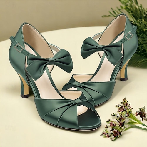 Green Satin Open-Toe High Heel Sandals with Bow Detail for