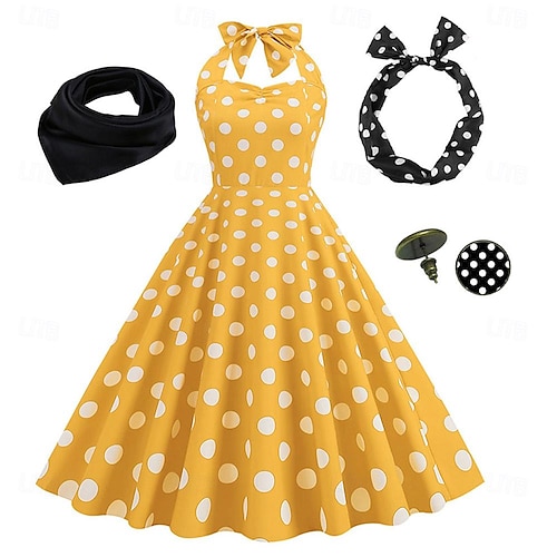 strapless open back dress yellow green orange polka dot pattern classical dress – remulia main image 0