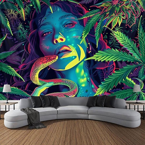  gobelin z czarnym światłem UV reaktywny świecący w ciemności świecąca impreza neonowa kobieta marihuana psychodeliczny trippy mglisty wiszący gobelin sztuka ścienna mural do salonu