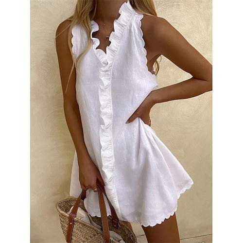 Femmes Noir Blanche Gris foncé Été Printemps Mini Robe Robe Blanche Robes en coton et lin Robe d'Été Occasionnel Vacances Quotidien Coupe régulière Uni Col en V