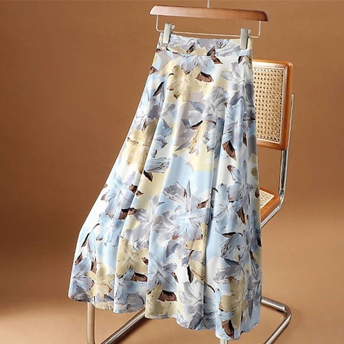 Femme Collants Jupe Mode Décontractées Maxi Taille haute Jupes Floral Imprimer Vacances Rendez-vous Jaune Rose Claire Bleu Eté Mousseline de soie