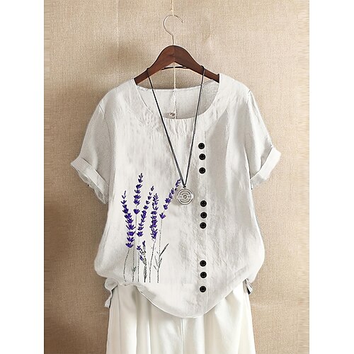 Femmes Grande taille Chemises inspirées du lin T-shirt Fleur Occasionnel Manche Courte Col ras du cou Blanche Toutes saisons