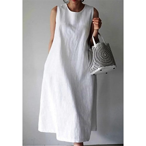 Femmes Blanche Vin bleu marine Été Printemps Robe Midi Robe Blanche Robes en coton et lin Robe d'Été Occasionnel Vacances Quotidien Coupe Ample Uni Col ras du cou