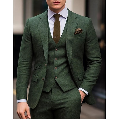 gröna bröllops-tweeddräkter för män enfärgade 3-delade retro vintage plus size enkelknäppta tvåknappar 2024