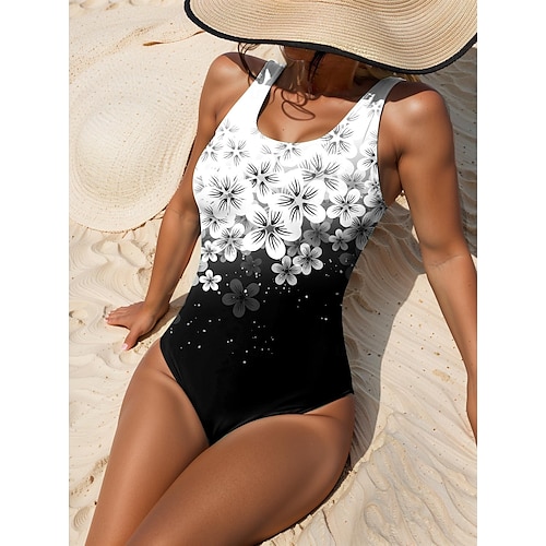  Kvinnors baddräkter Enkeldelad Magekontroll Baddräkter Blommig Gradient Scoop Hals Ärmlös Stretch Strandkläder Svart Vit Elegant Snabbtorkande Baddräkter