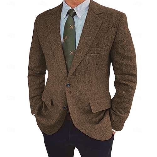  Herren Tweed Fischgrät Blazer Retro Vintage Jacke Winter Regular Übergröße Einreihig Zwei Knöpfe Braun Schwarz Blau