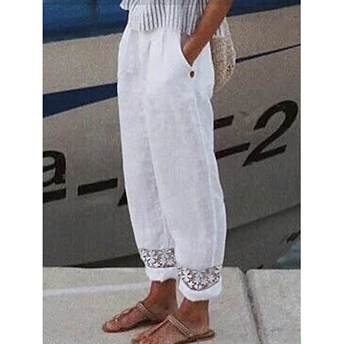 

Women's Casual Pants White High Waist Lace Trim Breathable Loose Fit Straight Leg Fashion Bottoms Lightweight Summer Spring Elegant Comfortable