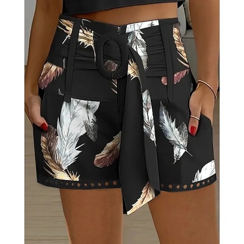 

Women's Shorts Linen Cotton Blend Floral Feather Black White Casual Daily Short Going out Weekend Summer